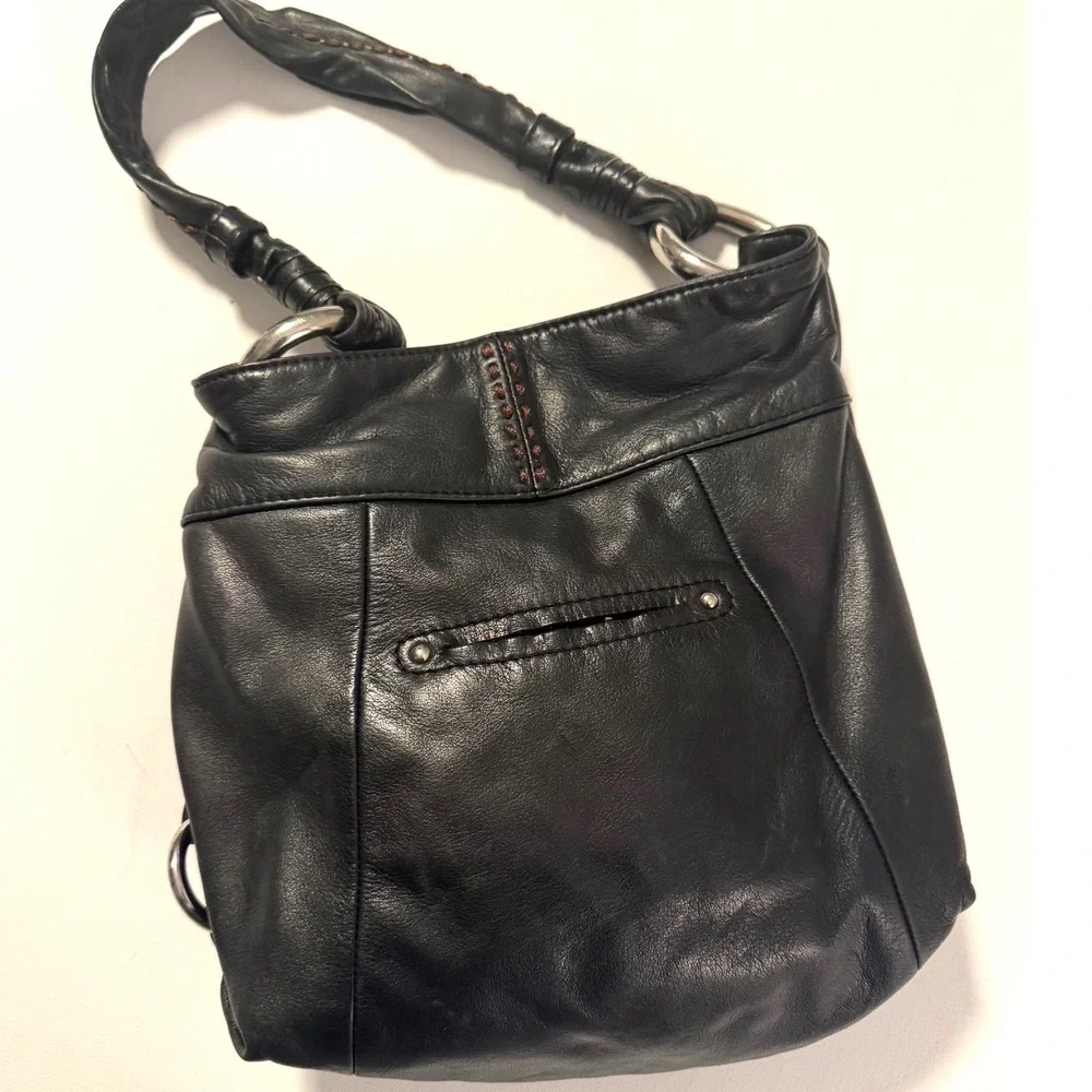B. Makowsky Y2K Black Leather Hobo Bag Brown Whipstitch Silver‎ Ring Hardware